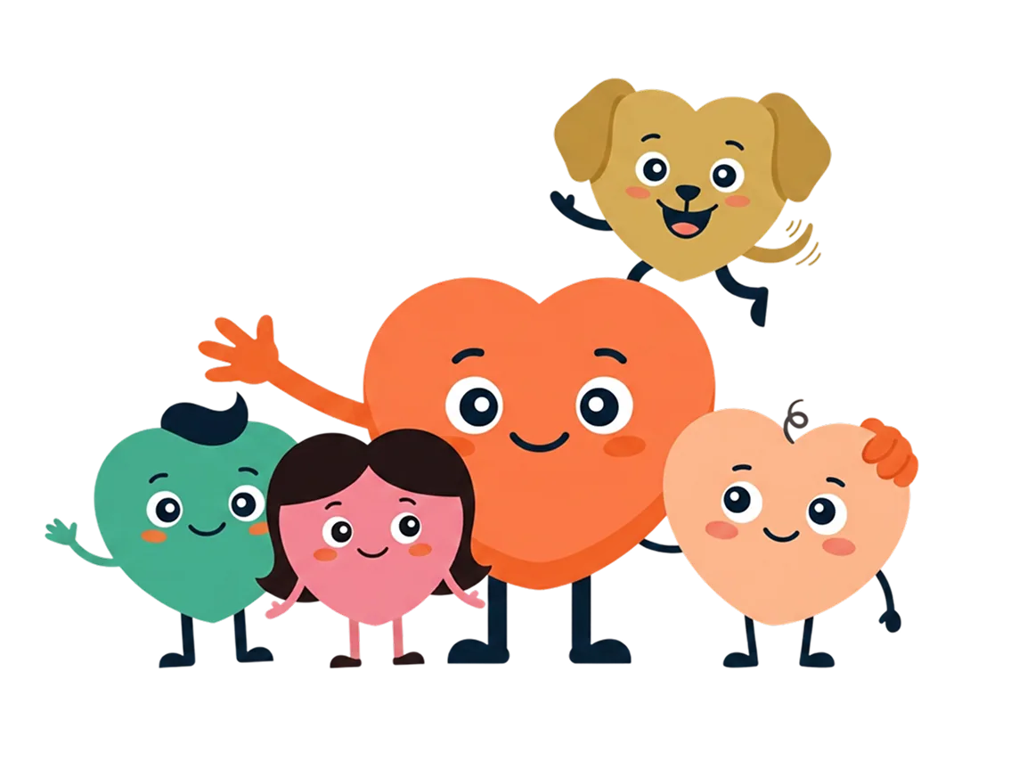 Huggie and the HugTime cast — hearts for the people and pets you love